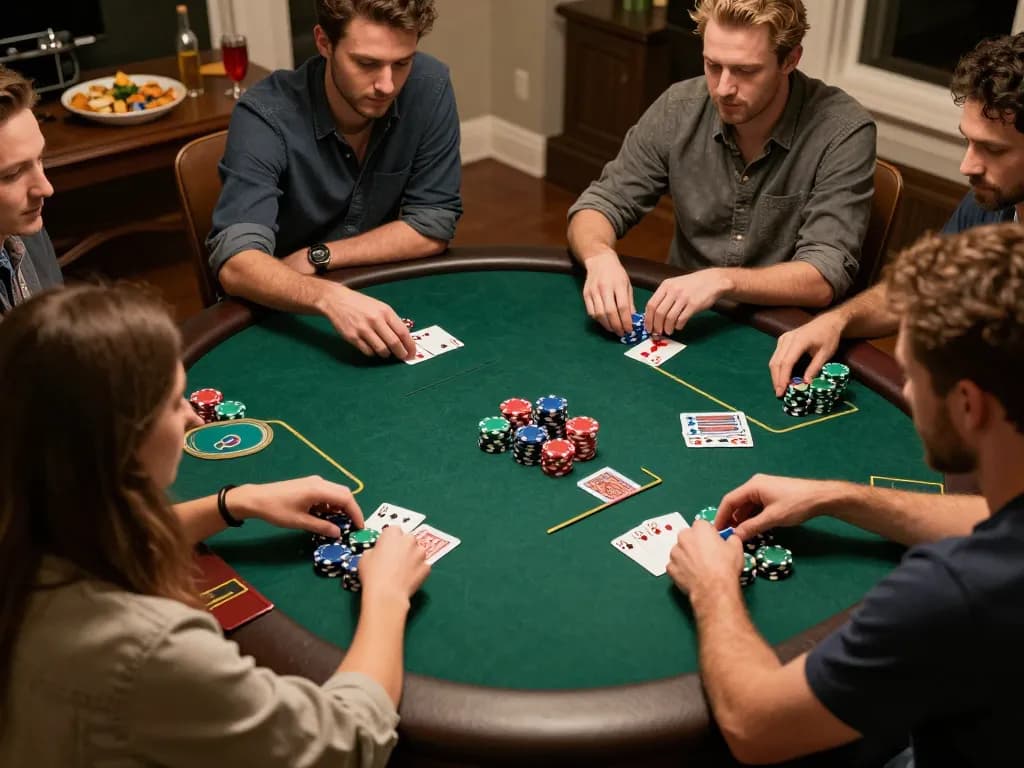 Friends engaging in a competitive poker game at home, showcasing social interaction and strategy with god55 branding visible.