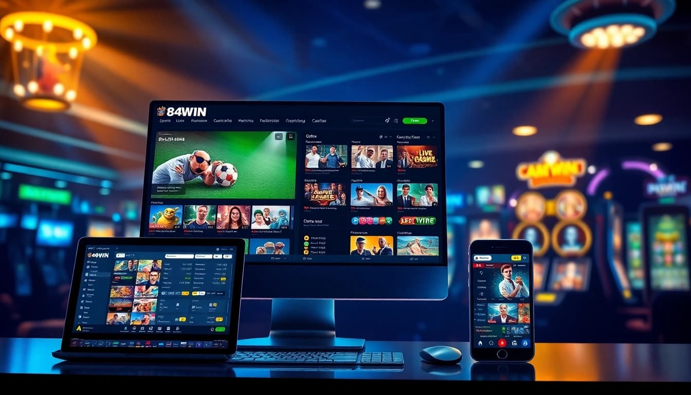 Experience the excitement of 84WIN's online gaming platform with vibrant displays of sports betting and casino games.