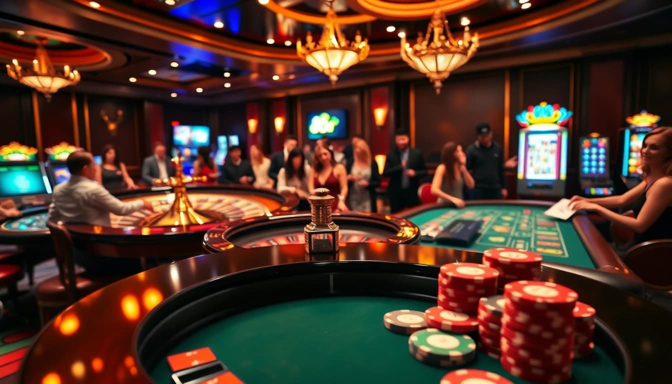 Exciting casino scene showcasing 88i's luxury gambling experience with roulette and poker tables.