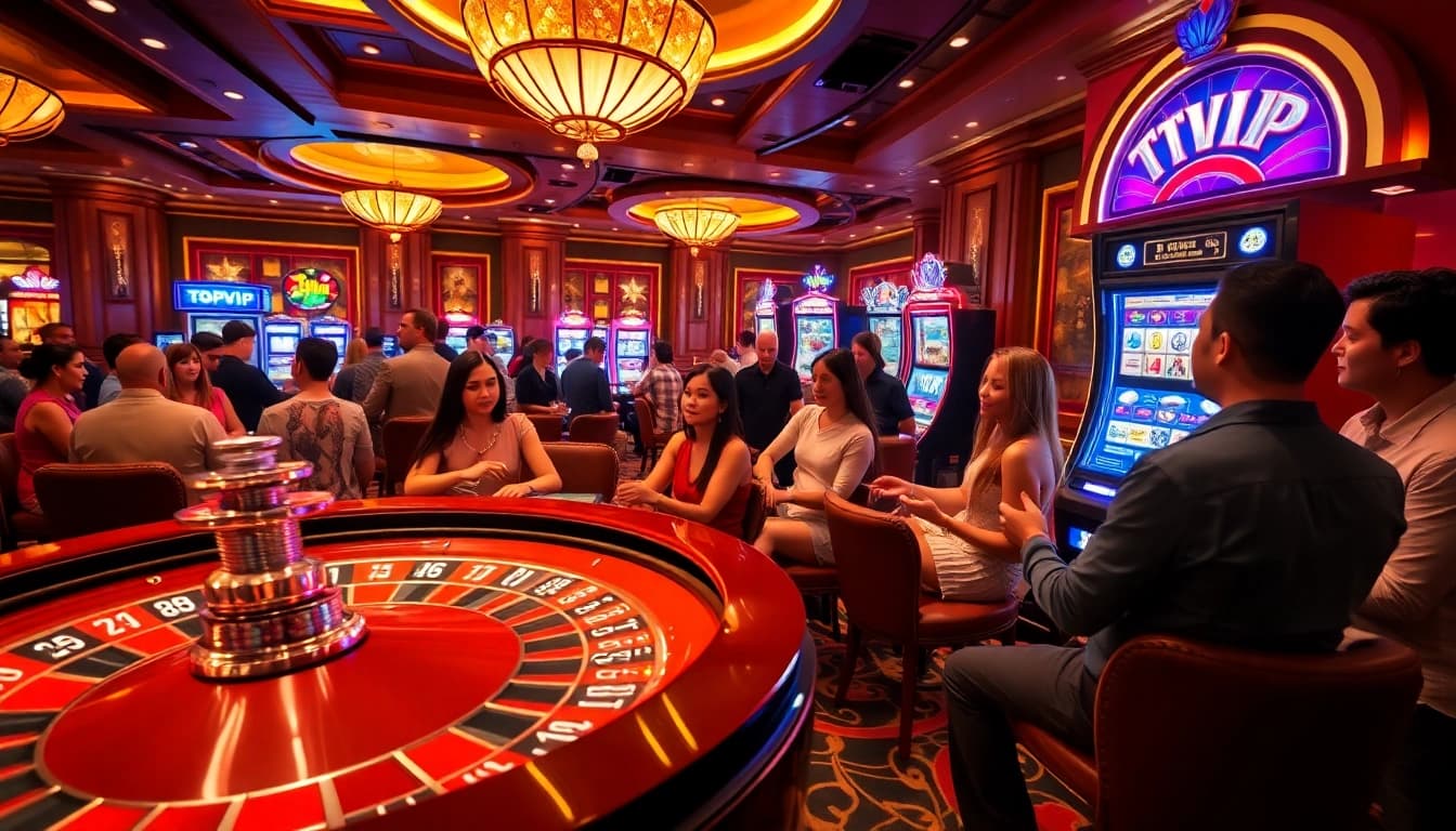 Experience high-stakes gaming at TOPVIP with poker chips and a roulette wheel.