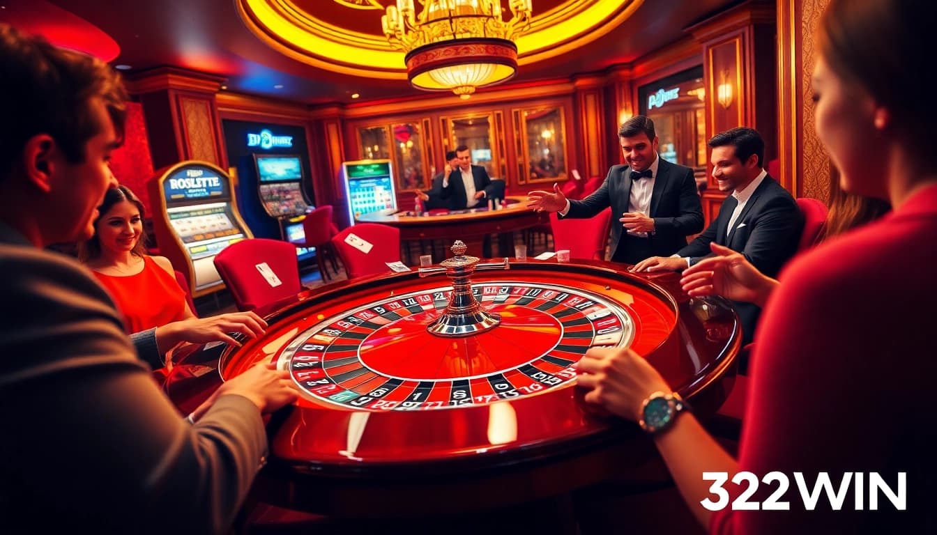 A lively casino scene showcasing players engaging at the 32WIN roulette table, surrounded by colorful chips and cards.