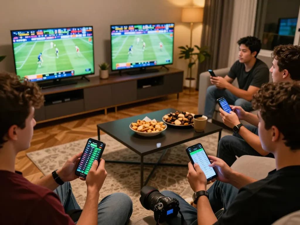 88xx sports betting scene with friends analyzing live odds on mobile apps in a cozy home setting.