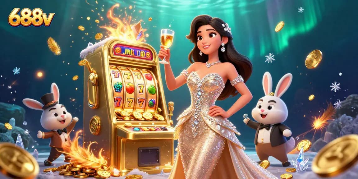 Play exciting games at 688v, showcasing a golden jackpot slot machine amidst vibrant casino elements.