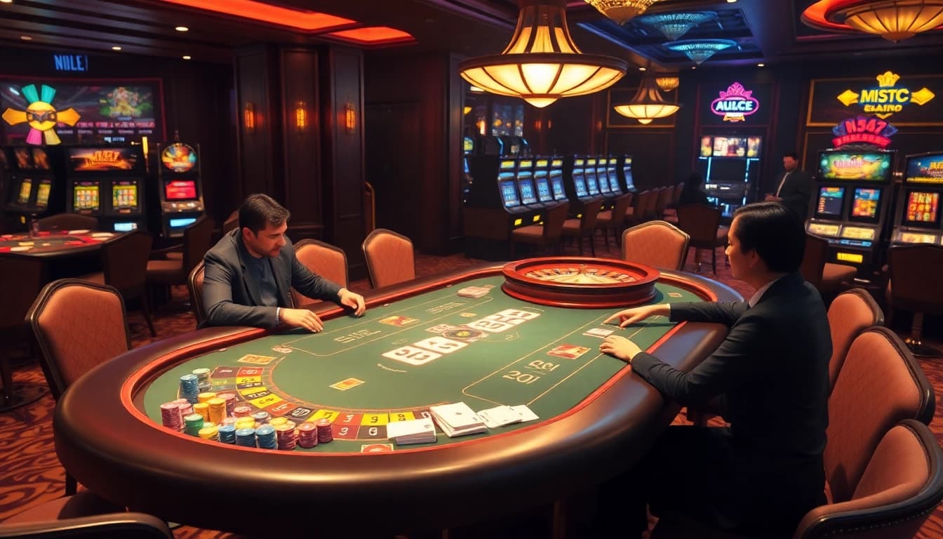 Players enjoying a high-stakes B52 poker game at a luxurious casino table with vibrant chips and cards.