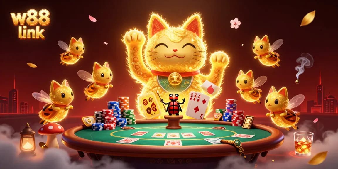 Engage with the exciting w88 link through a dynamic 3D illustration showcasing casino symbols and vibrant elements.