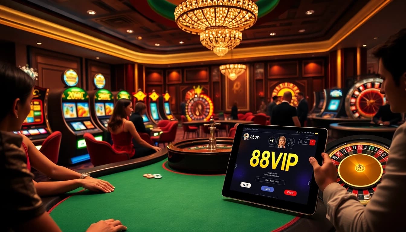 Experience the excitement of Đăng Nhập Nhà Cái 68VIP at a luxurious poker table surrounded by vibrant casino elements.