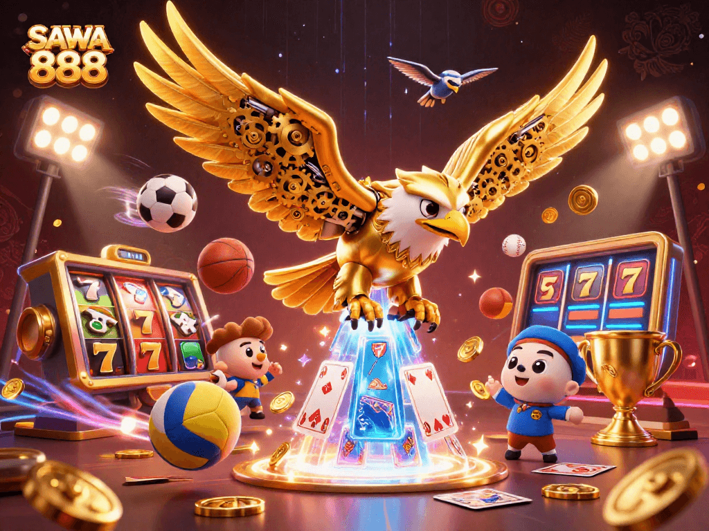 Experience diverse gaming dynamics at SAWA 888 with golden eagles amidst slot reels and trophy glory.