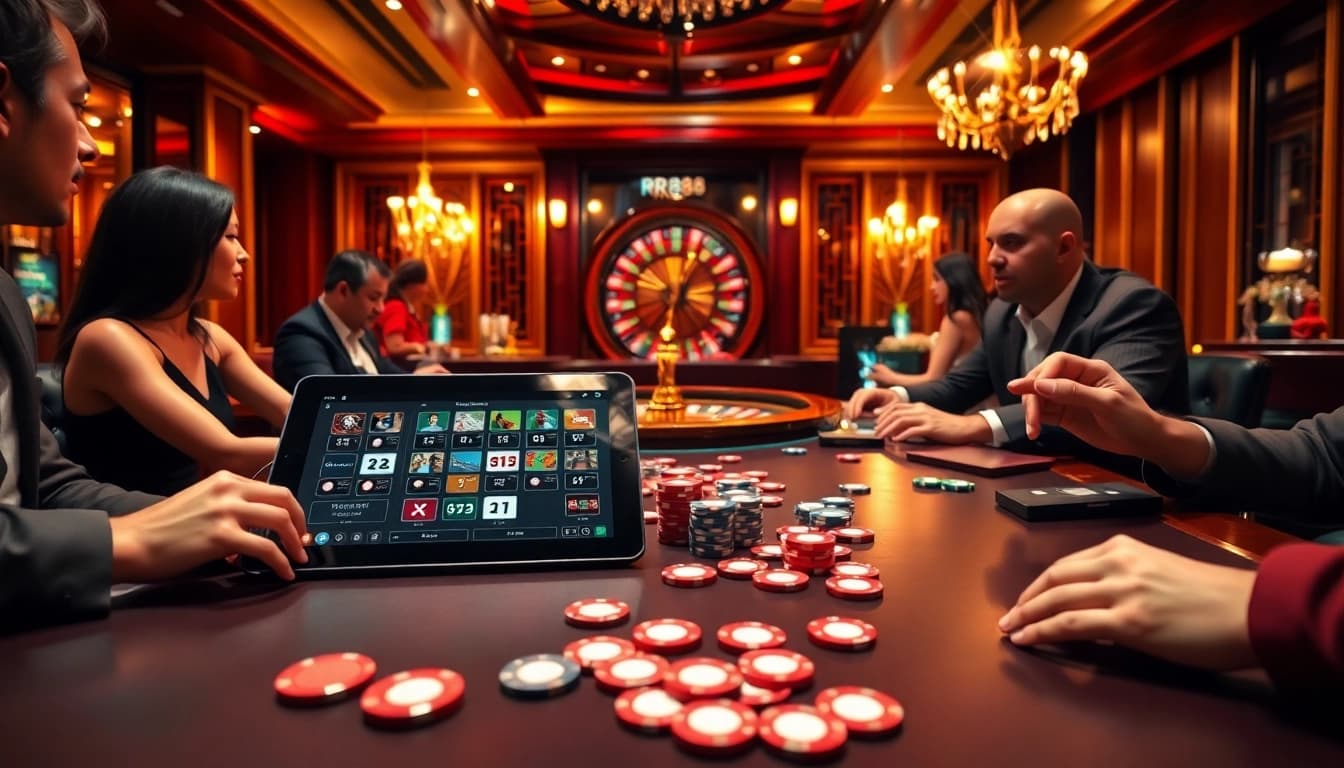 Players at the RR88 casino table enjoying a thrilling poker game under luxurious lighting.