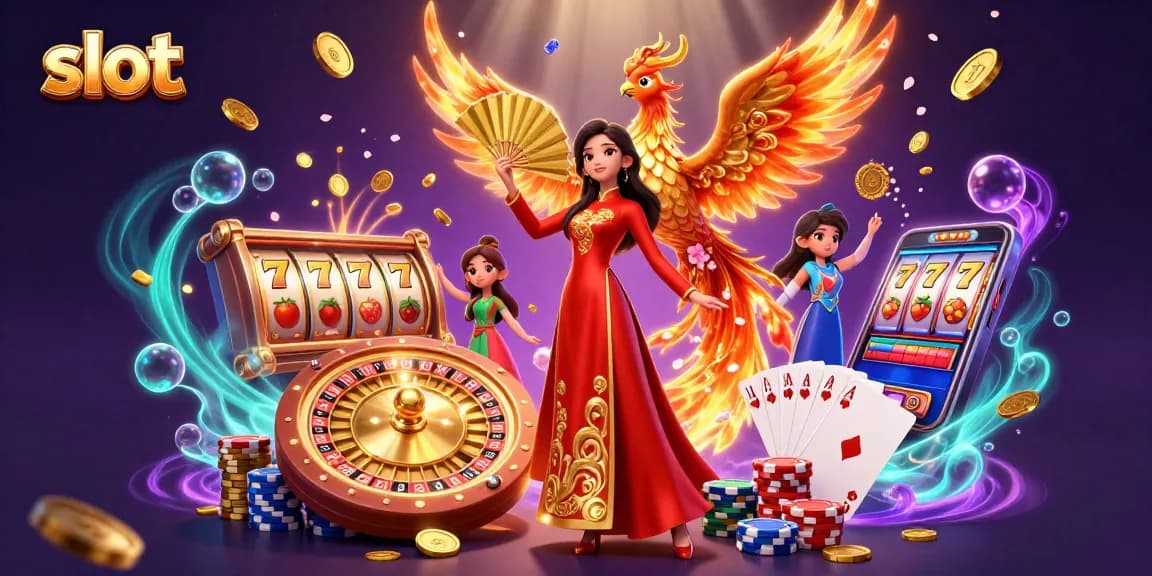 Spin the lucky slot reels alongside a beautiful woman and phoenix in a vibrant casino scene.