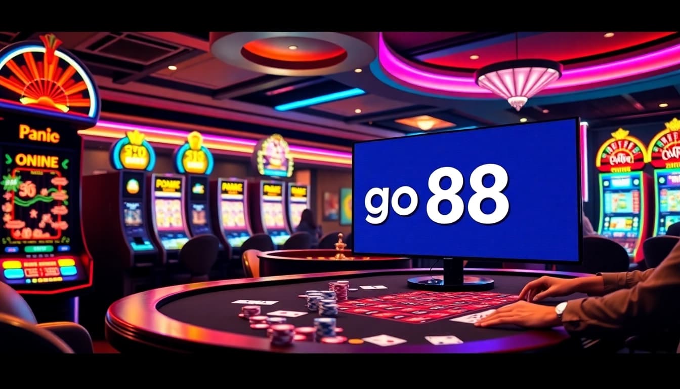 Experience the thrill of go 88 at a luxury casino with vibrant slot machines and poker tables.