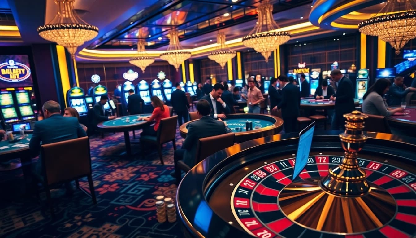 Nohu's dynamic online gambling experience with vibrant casino tables and excited players enjoying poker and roulette.