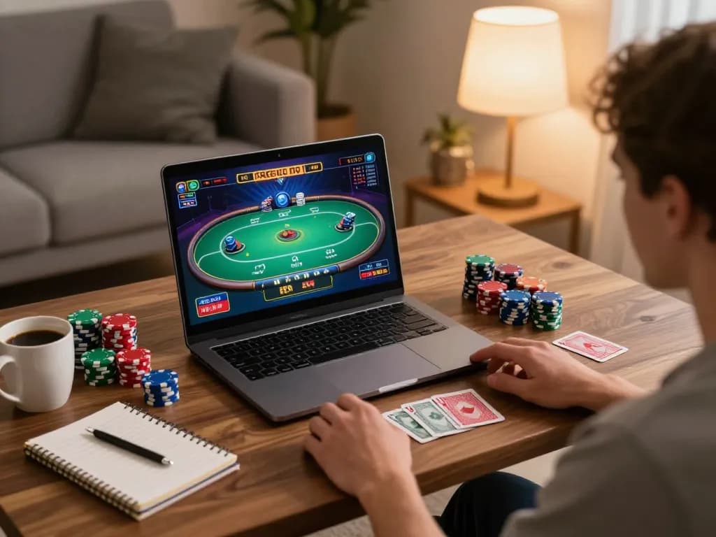 Playing poker online at home with 98win on laptop, showcasing vibrant gaming atmosphere.