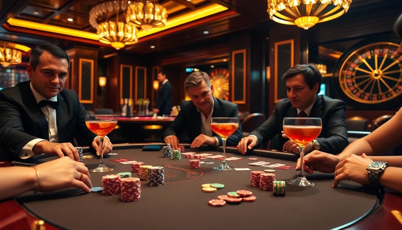 Players strategizing in a high-stakes poker game at https://du88i.com/ casino with elegant decor.