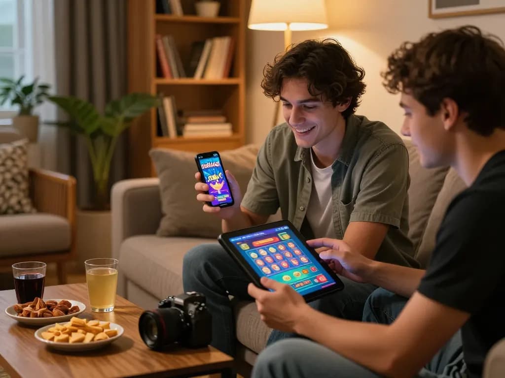 Friends playing ratu4d on a smartphone and tablet, enjoying online gaming night in a cozy living room