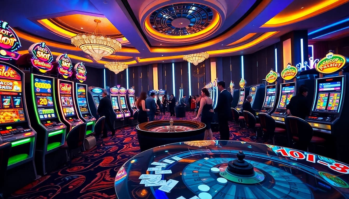 Experience the excitement of slot gacor hari ini with vibrant slot machines in a luxurious casino setting.