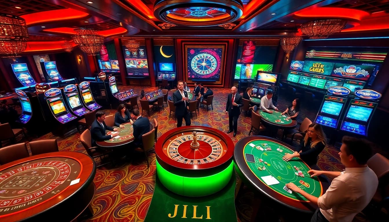 Players enjoying thrilling JILI games at an upscale casino, surrounded by vibrant slots and elegant tables.