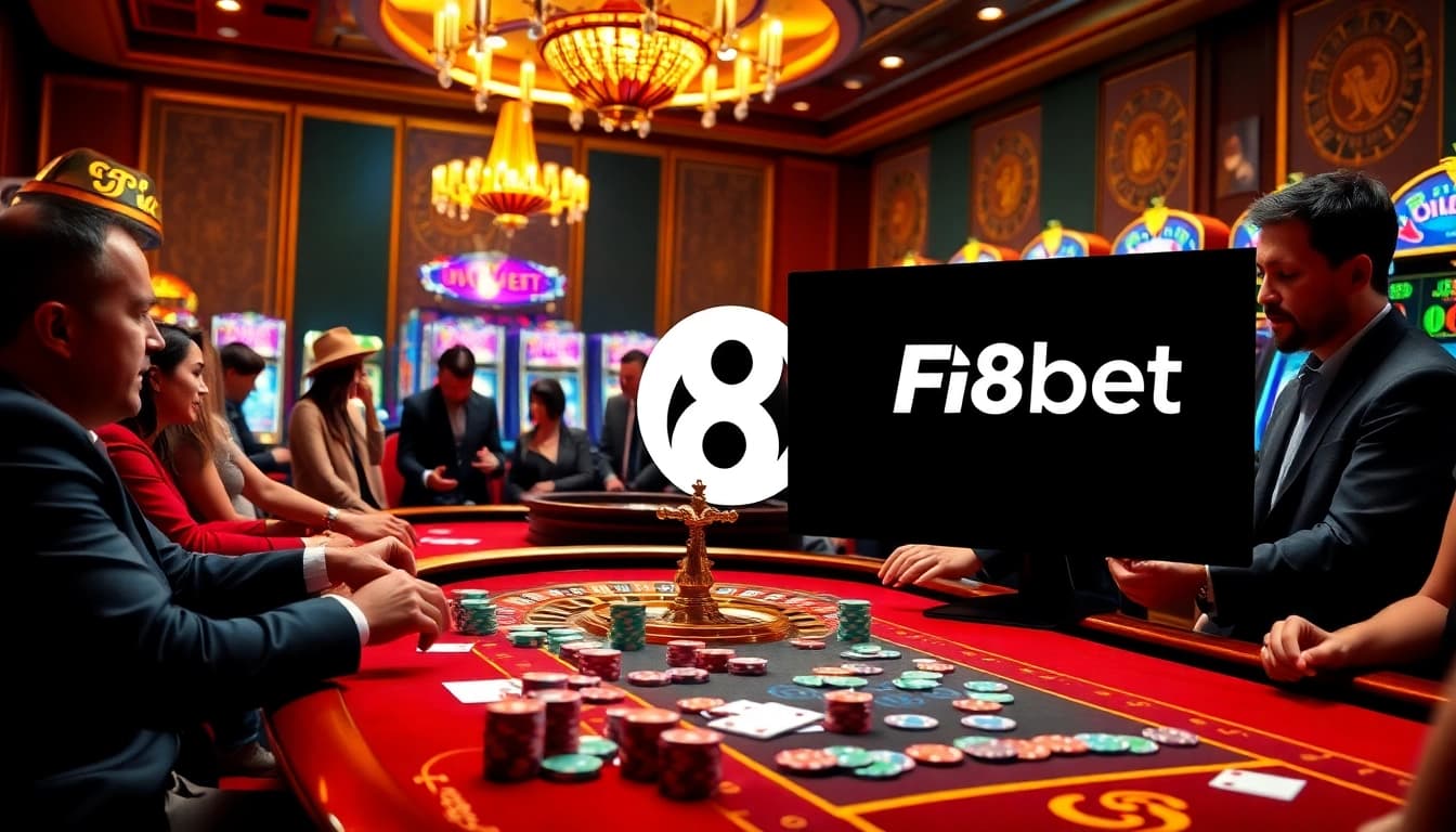 Players enjoying a thrilling game at F8bet's vibrant casino table with cards and chips.