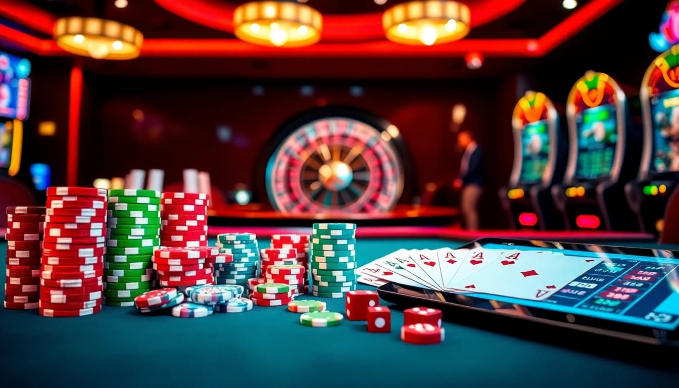Experience thrilling gameplay insights at eejl33 com with vibrant casino elements like poker chips and roulette wheels.