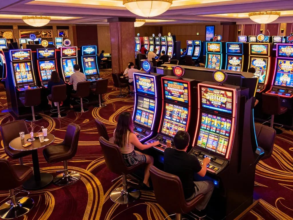 Engaging view of players enjoying 68 win slot machines in a vibrant casino atmosphere with colorful displays