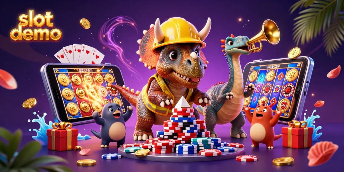 Slot demo menampilkan triceratops yang membangun tumpukan chip poker dengan suasana ceria dalam permainan kasino.