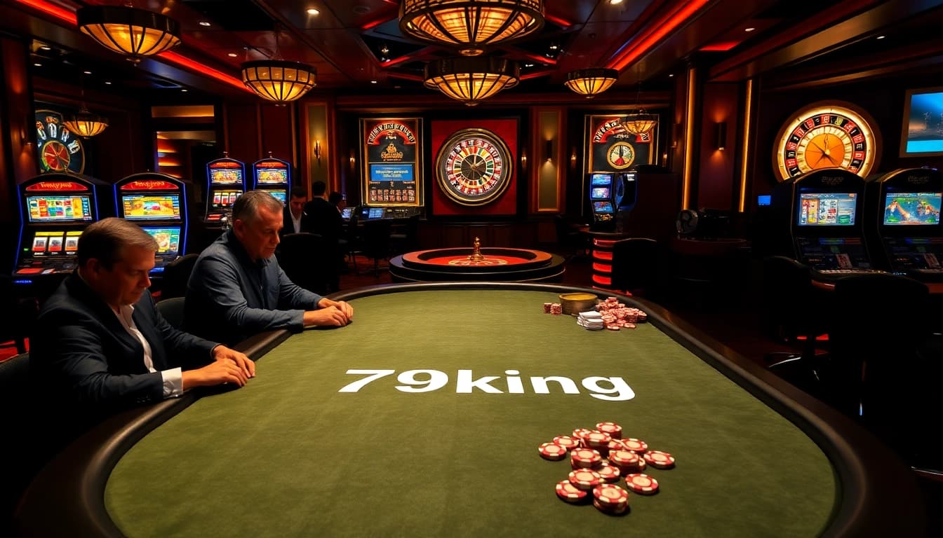 Play cards at the luxurious 79king poker table with vibrant slot machines in the backdrop.