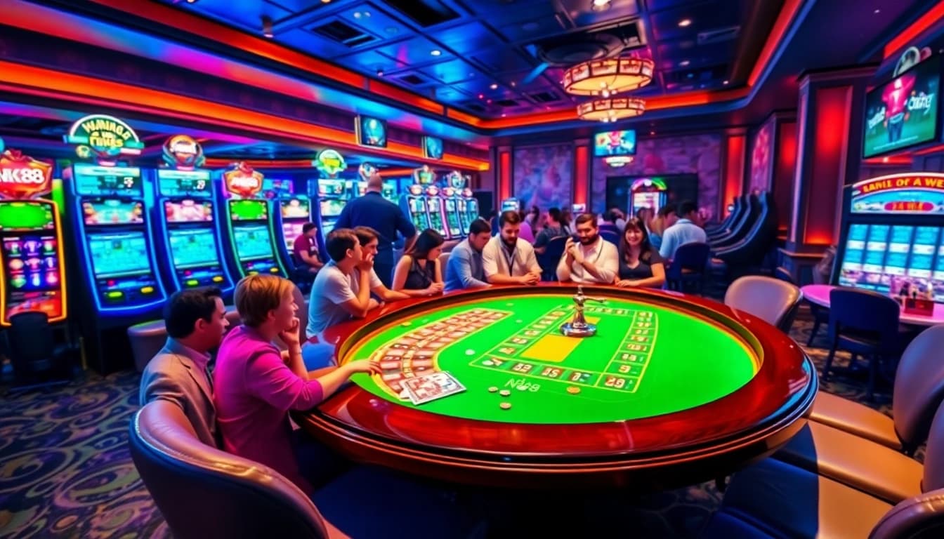 NK88 casino excitement with players at roulette and colorful slot machines.
