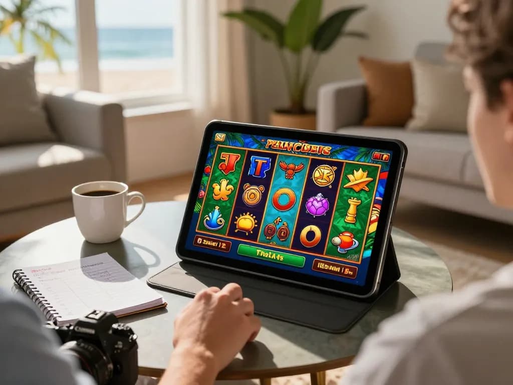 Engaging in a slot game on bem88, showing thrilling action and vibrant visuals in a cozy home setting.