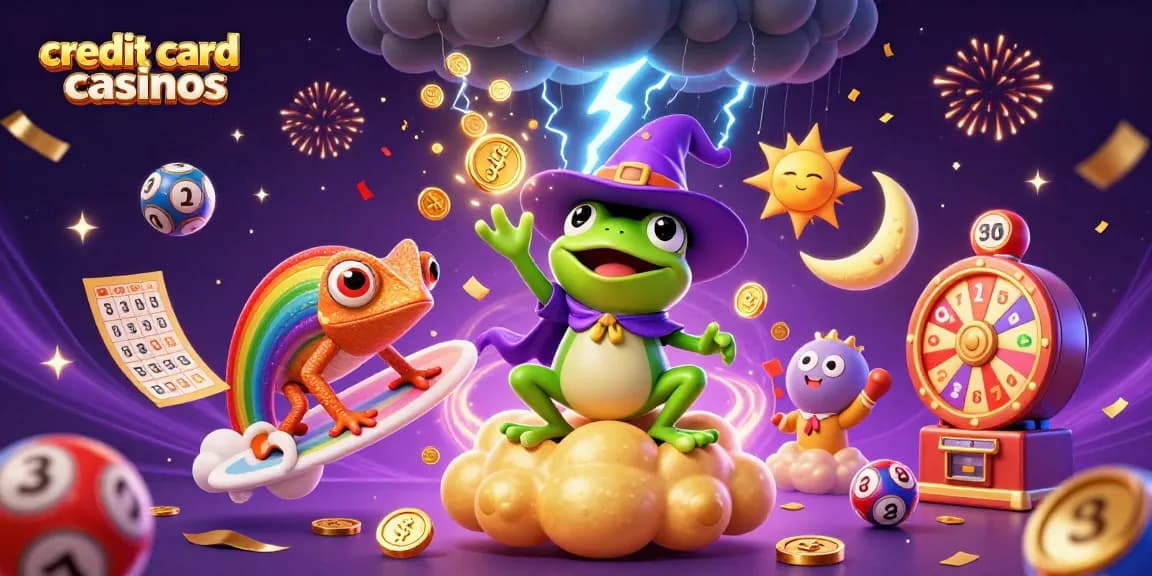 Experience thrilling gameplay with credit card casinos, featuring dynamic characters, golden coins, and vibrant game elements.