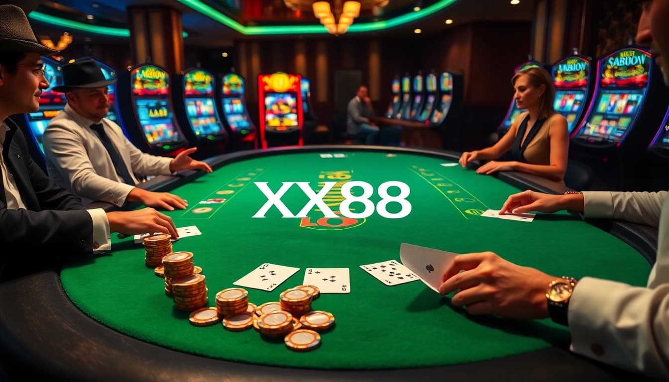 Players enjoying a thrilling game of blackjack at XX88 casino with vibrant poker chips and cards.