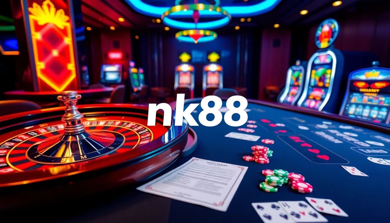 Experience the thrill of nk88 with dynamic poker chips and roulette in a vibrant casino setting.