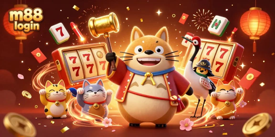 Experience m88 login with vibrant celebration featuring a tanuki, cranes, and lucky cat surrounded by casino excitement