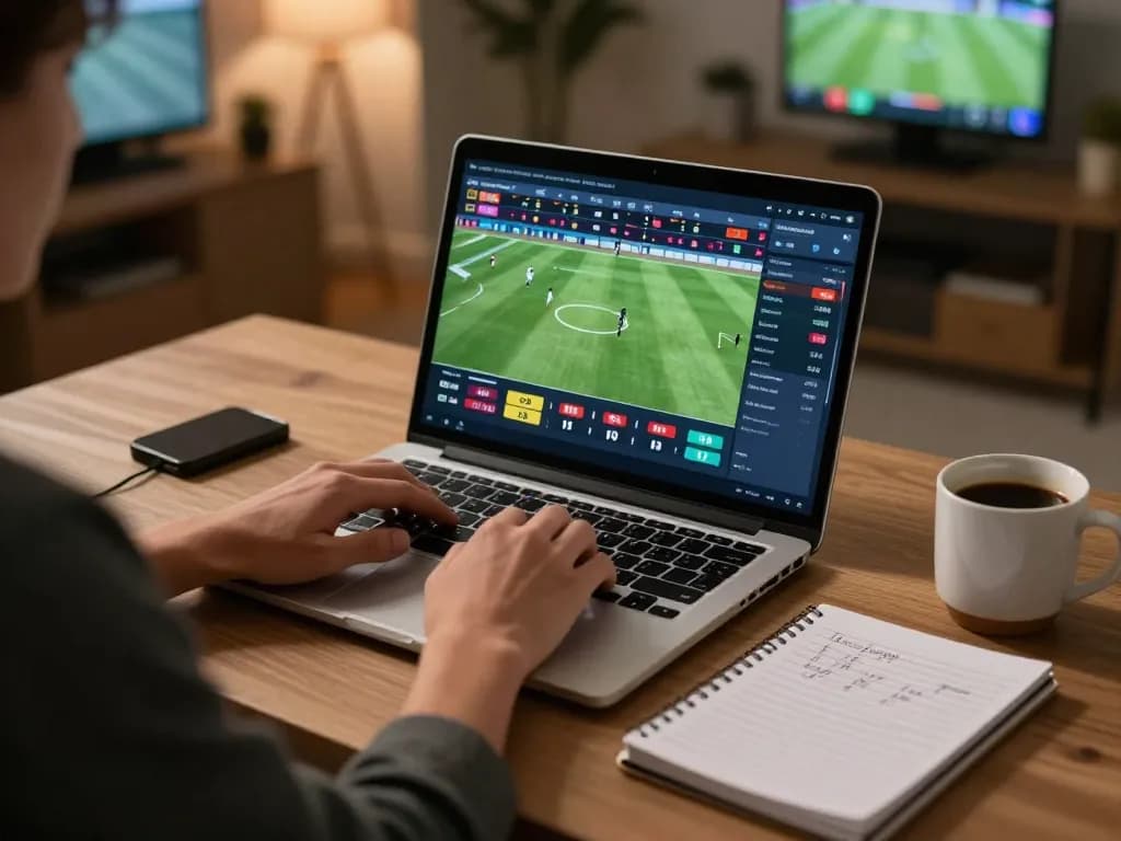Engaging in online sports betting at https://keonhacai5.mobi/ during a cozy home office setting.