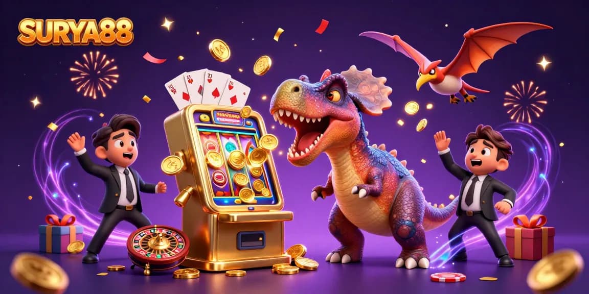 SURYA88 - Exciting jackpot action with cartoon dinosaurs in a vibrant casino scene