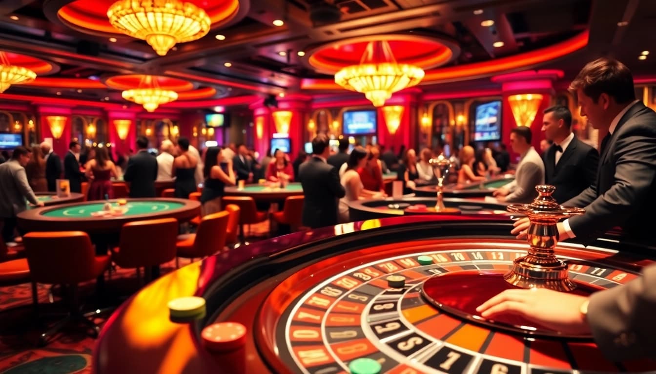 Engaging casino scene featuring roulette tables and enthusiastic players.