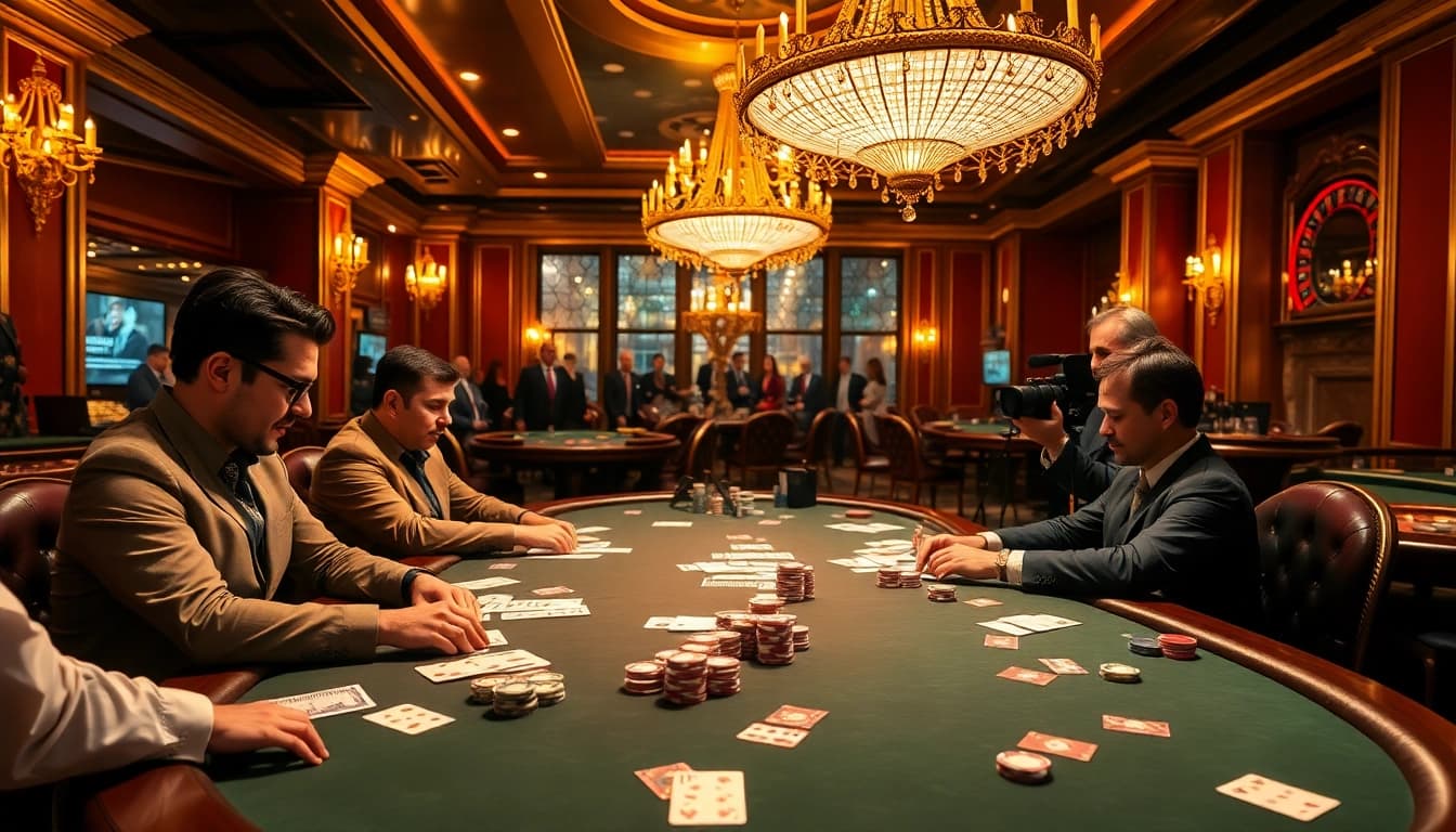 Engage in thrilling poker action with nohu poker chips and cards on a luxurious casino table.