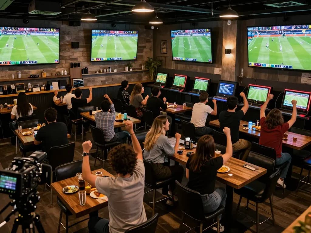 Xoilac fans celebrating while watching live football matches at an energetic sports bar