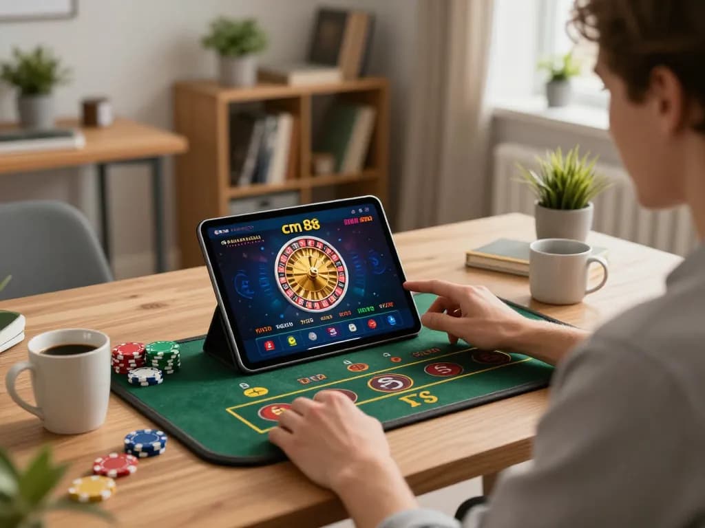 Person placing a bet using the cm 88 casino app on a stylish tablet in a cozy home office.