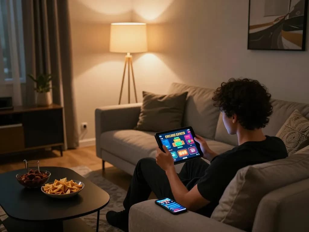 Player enjoying king33 online casino games on a tablet in a cozy home setting