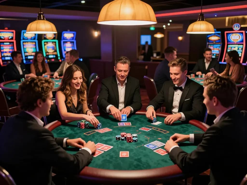 Players engage in an intense poker game at the Go8-themed casino table, surrounded by vibrant atmosphere.