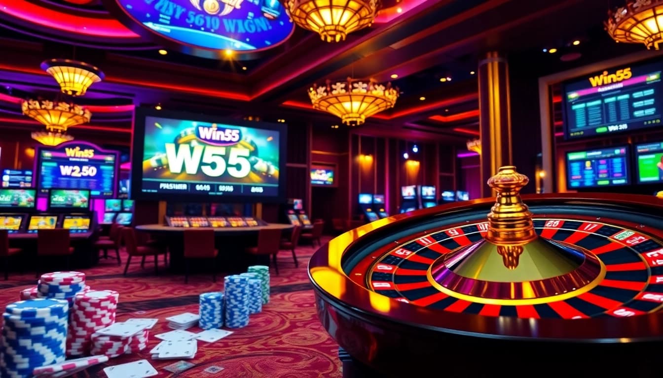 Win55 players engaging in exciting games with vibrant casino elements and immersive online visuals.