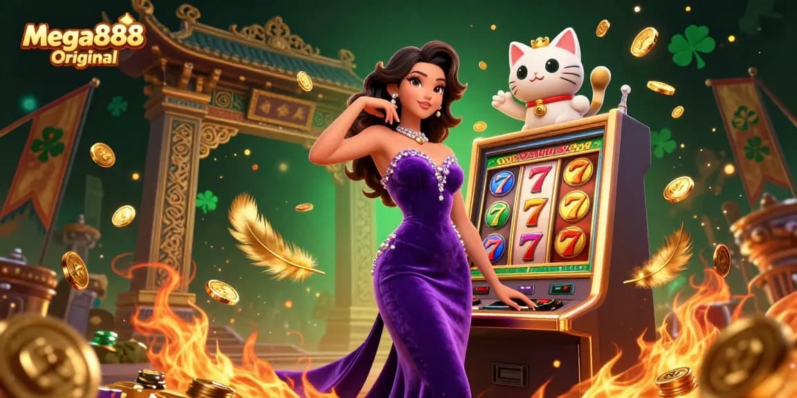 Mega888 Original slot machine scene with a glamorous woman and fortune cat amidst coins.