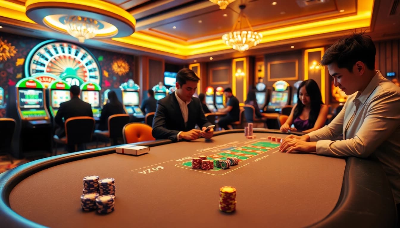 Players enjoying immersive gambling experiences on the VZ99 platform with vibrant casino visuals.