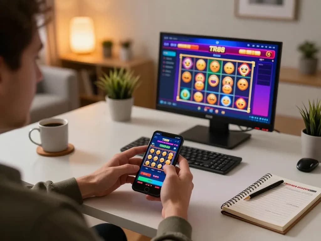 Player engaging with TR88 betting app on smartphone in a cozy home setting