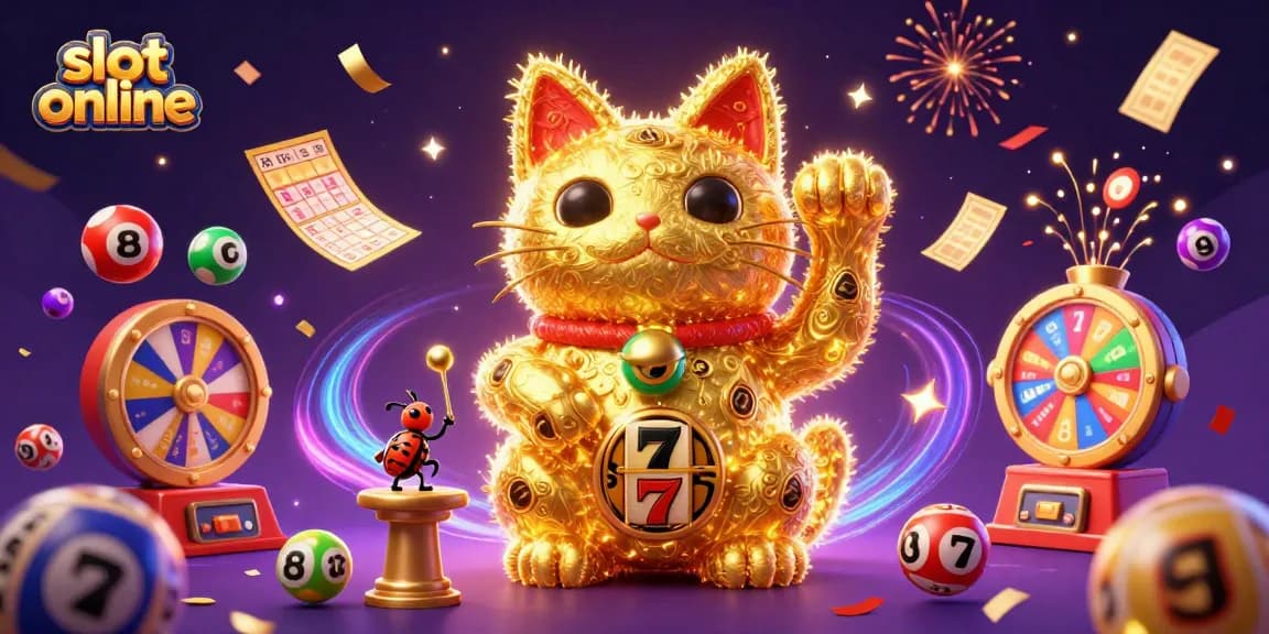 Slot online memikat dengan ilustrasi kucing beruntung dan elemen permainan yang berwarna-warni.