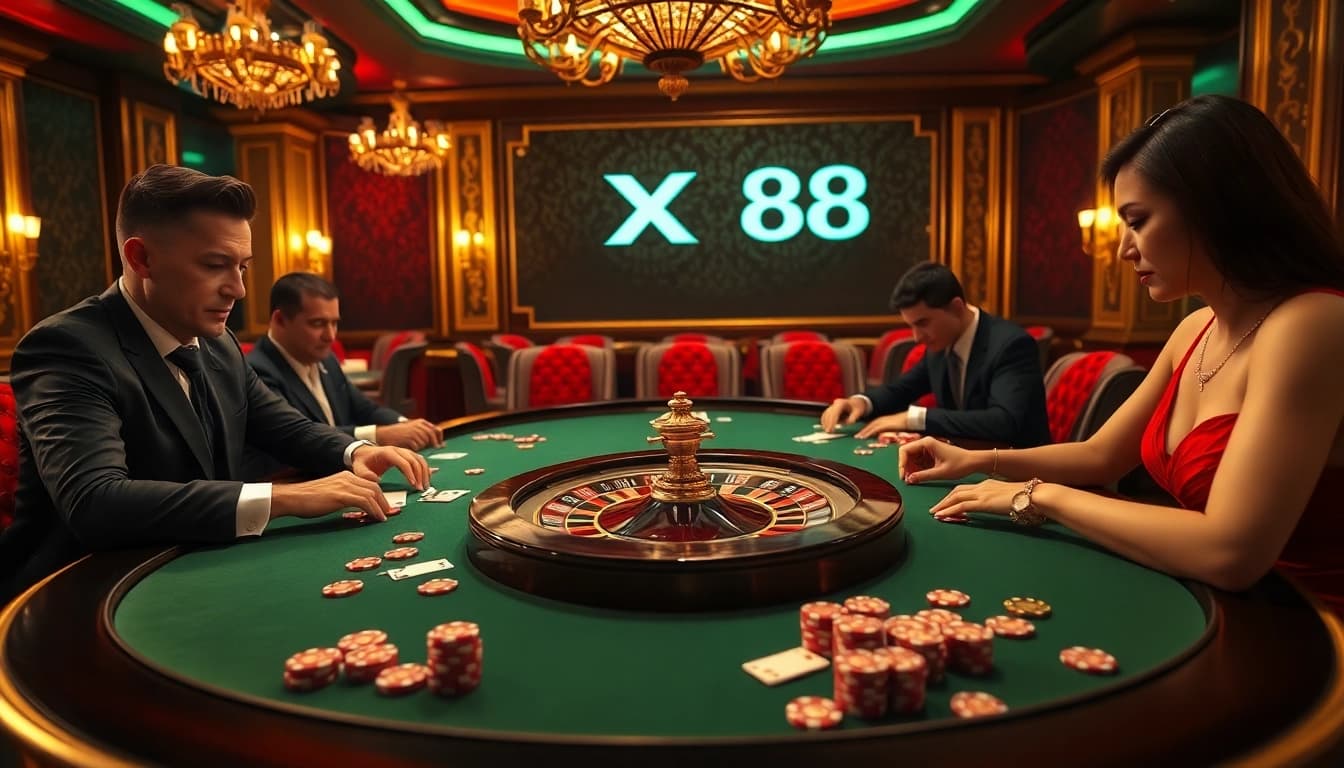 Players at an exciting poker table in XX88 casino, engaging in high-stakes action.