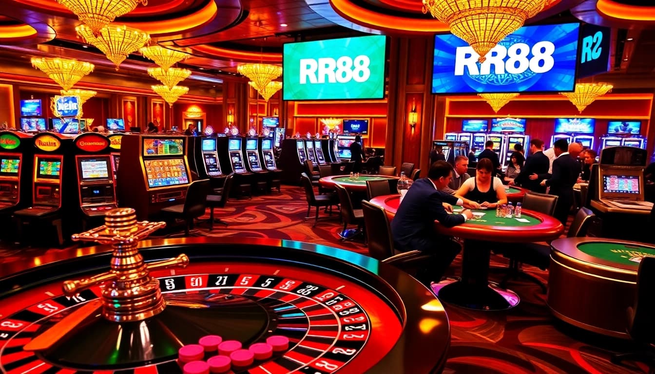 RR88 casino scene showcasing excitement at poker tables and a lively atmosphere.
