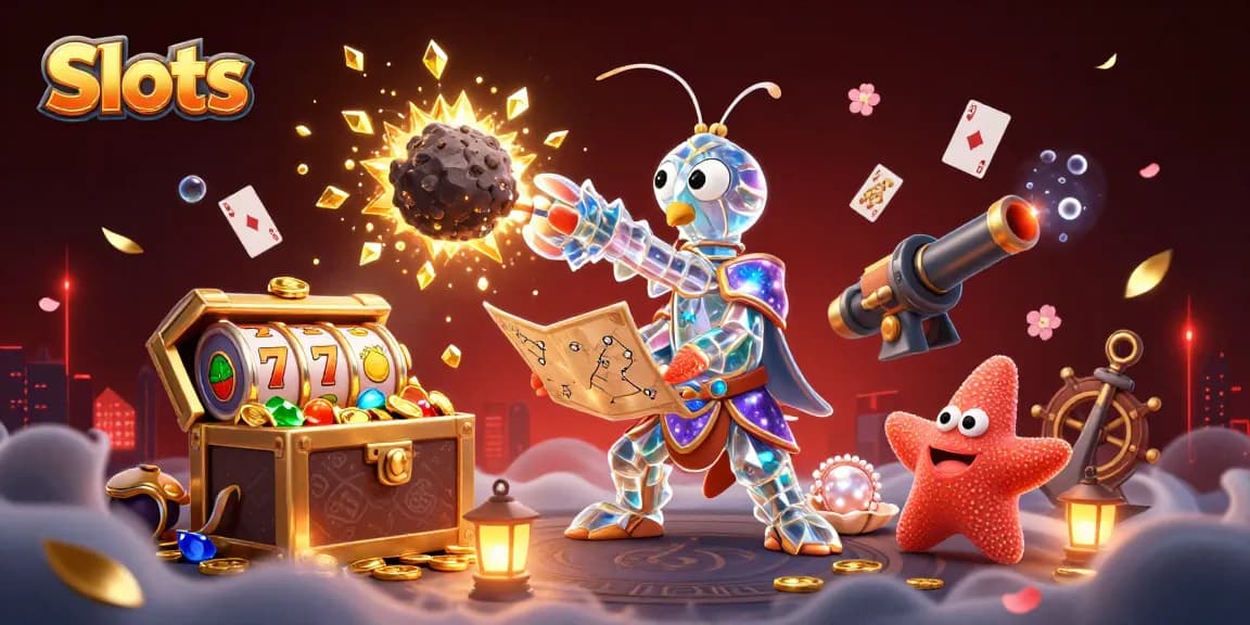 Explore Slots action with vibrant treasure-filled scene featuring characters and casino elements.