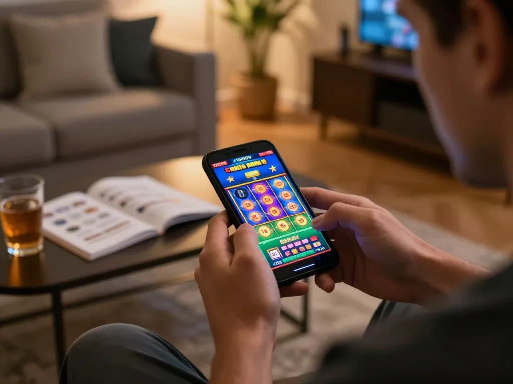 KONG88 player enjoying mobile slot games in a cozy home setting with strategy notes