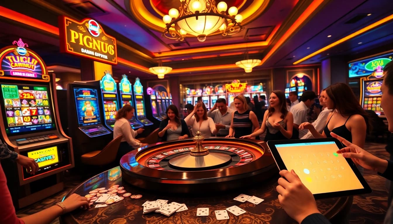 Exciting casino atmosphere at https://cm88.info/ featuring vibrant slot machines and a roulette table.
