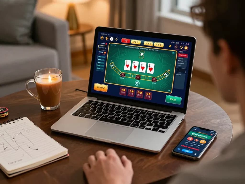 Player enjoying a thrilling blackjack game on hello88's online casino platform in a cozy home setting.